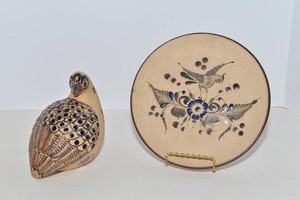 Handmade Mexican Pottery  Plate & Bird Figurine