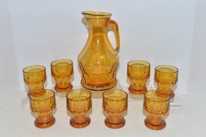 Vintage Amber Glass Pitcher & 8 Glasses