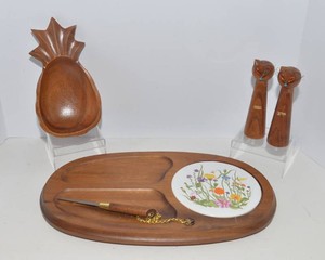 Vintage Wooden Serving Pieces & MCM Cat Shakers