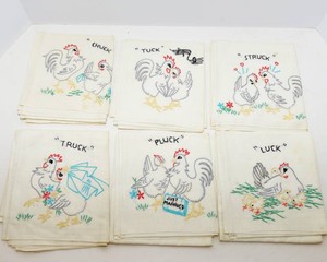 Vintage Hand-Embroidered Chicken Dish Towels  Set of 6