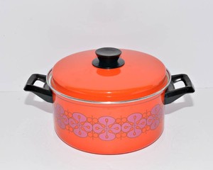 Vintage 1970s Enamelware Stockpot  Orange & Pink Floral