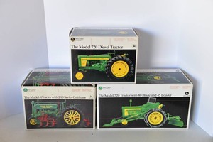 ERTL Collectibles Precision Classics John Deere Models - Model A with Cultivator, Model 720 Diesel, and Model 720 with Blade and Loader.