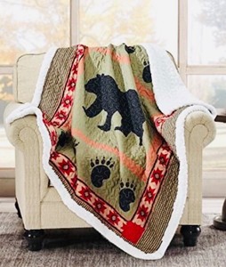 New 50 x 60 Quilted Sherpa Throw - BEAR MOTIF - Earthen Colors red accent