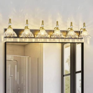 ZHLWINHome Lighting 46.45 in. 6-Light Black Gold Vintage Bathroom Vanity Light w Flower Glass Shade Over Mirror for Bathroom