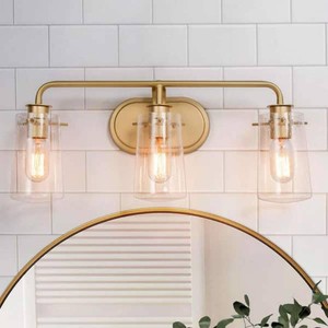(2) Mid-century Modern Bell Bathroom Vanity Light 22.5 in 3-Light Brass Gold Powder Room Wall Light with Seeded Glass Shades