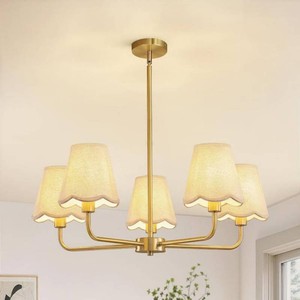 5 Light Farmhouse Gold Rustic Round Hanging Chandelier For Kitchen Island With White Linen Shades, No Bulbs Included