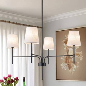 TinHon4-Light Black Chandelier with White Linen Shades and Adjustable Downrods, Modern Ceiling Light for Dining Room or Foyer