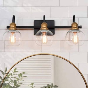 LNC22.5 in. 3-Light Modern Aged Brass and Black Bathroom Vanity Light with Clear Glass Globe Shades Bathroom Sconce