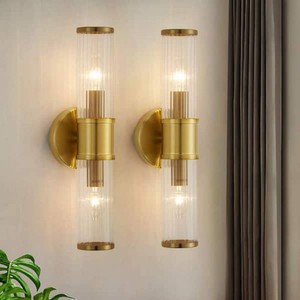 17.7 in. 2-Light Gold Wall Sconce with Cylinder Glass Shade Modern Bathroom Light Fixture
