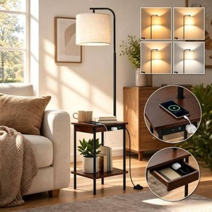 BICIK62 in. Walnut Dimmable Tray Table Standard Floor Lamp with USB Charging Port Plus AC Outlet, Drawer and Remote Control