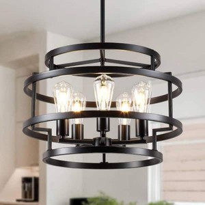 (2) HLJYNJM5-Light Black Farmhouse Drum Cage Pendant light Round Chandelier for Dining Room