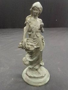 BRONZEBRASS STATUE OF LADY CARRYING APPLE BASKET