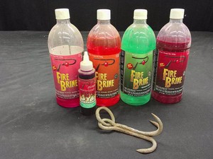 4 BOTTLES  PARTIALLY FULL BOTTLE OF FIRE BRINE  VINTAGE GRAPPLE BUCKET LIFT HOOK