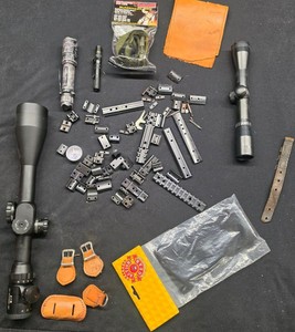 2 RIFLE SCOPES - MISC SCOPE ATTACHMENT PIECES - FLASHLIGHTS AND LEATHER STRAPS