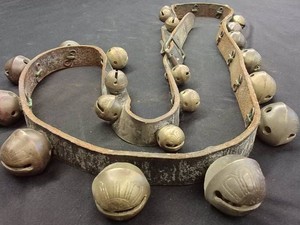 ANTIQUEVINTAGE SLEIGH BELLS ON LEATHER STRAP