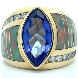KABANA ESTATE 4.20ctw Natural Opal Inlay, Tanzanite & Diamond Bezel Ring in 14k Yellow Gold VIDEO