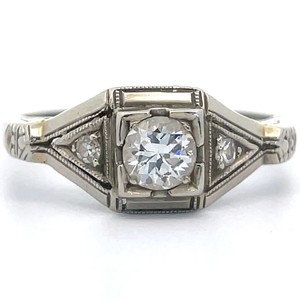 0.42 Carat Natural Diamond Old European Cut Three-Stone Estate Ring in 18k White Gold VIDEO