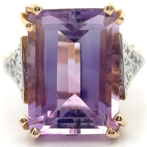 Large 9.70 Carat Natural Amethyst Emerald Cut & Diamond Pav Ring in 14k Yellow Gold VIDEO