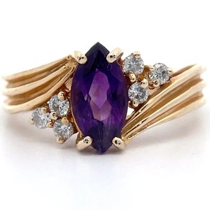 Marquise Natural Amethyst & Diamond Scalloped Cluster Ring in 14k Yellow Gold VIDEO
