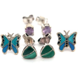Estate 3-Piece Stud Earrings Set Malachite, Enamel & Natural Amethyst Stud Earrings Bundle VIDEO