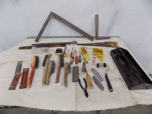Lot of Hand Tools   Wire brushes  Squares  Screwdrivers  Cutters  Drill bits  Lawn mower blades  String
