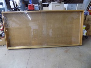 Bulletin Board with Plexiglass (1 broken)   93� long  44 wide  6 deep  Oak