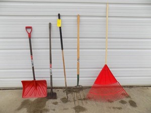 Lot of 5  Pitch Fork, Hoe, Scraper, Snow Shovel & Rake