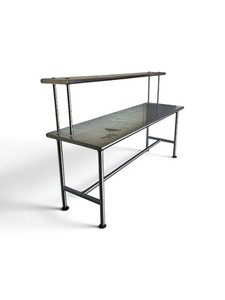 stainless steel commercial prep table with an open base and a double-tier over shelf