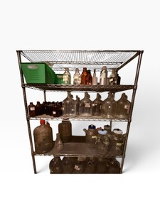 Large Lot of Laboratory Glassware, Bottles & Carboys w 74 Mobile Wire Shelving Rack