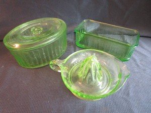 Vaseline Glass Juicer, Loaf Pan, Dish