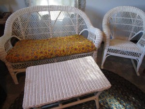 Vintage Wicker Settee, Rocker, Table