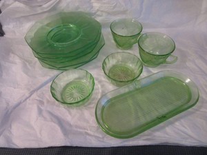 Green Depression Plates, Cups, Custards
