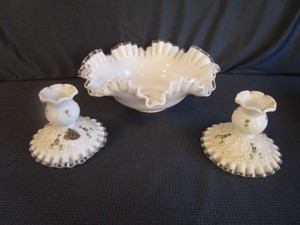 Fenton Silvercrested Bowl & Hand Painted Candle Holders