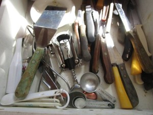 Knives, Pewter Salad Set, Trivets