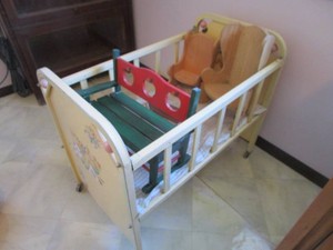 Metal Doll Crib, Wooden Chairs
