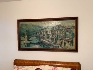Framed Village & Bridge Painting