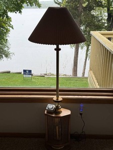 Brass Floor Lamp & Wood Hexagon Table