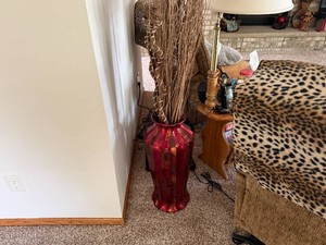 Tall Red Floor Vase with Decorative Sticks