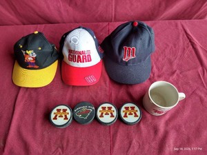 Mixed Lot - Baseball Caps, Hockey Pucks & Twins Mug