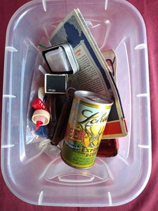 Treasure Hunt Tote of Vintage Items - Steel Beer Can, Lighter, Scale, Car, Etc