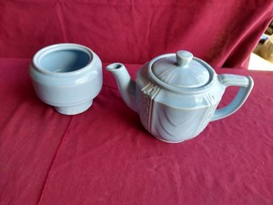 (2) Vintage Blue Porcelain Pieces - Teapot Marked USA