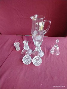 (7) Beautiful GlassCrystal Pieces - Pitcher, Candle Holders, Etc