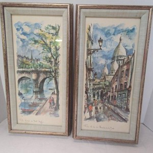 Pair of Vintage ARNO Watercolor Framed Paris Street Scene Prints 16 x 9 Wall Art