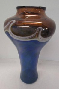 Signed Studio Art Glass Vase Blue Amber Swirl 16in Hand Blown