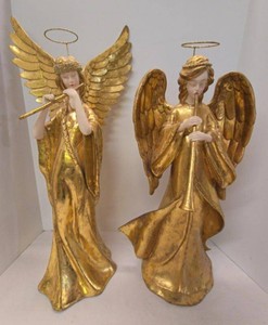 Vintage Style Gold Angel Figurines Flute & Trumpet Holiday Decor Pair