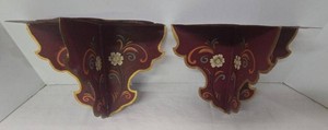 Vintage Hand Painted Metal Wall Shelves Floral Burgundy Pair