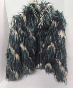 Mod X Faux Fur Jacket Green Black White Womens Size L 26 Length