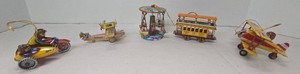 5 Vintage Tin Litho Figural Ornaments Airplane Trolley Carousel Set