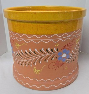 Very Large Hand Painted Folk Art Ceramic Planter Pot Yellow Terracotta 17in