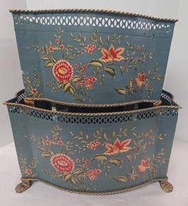 Pair of Vintage Tole Metal Cachepot Planters Hand Painted Floral